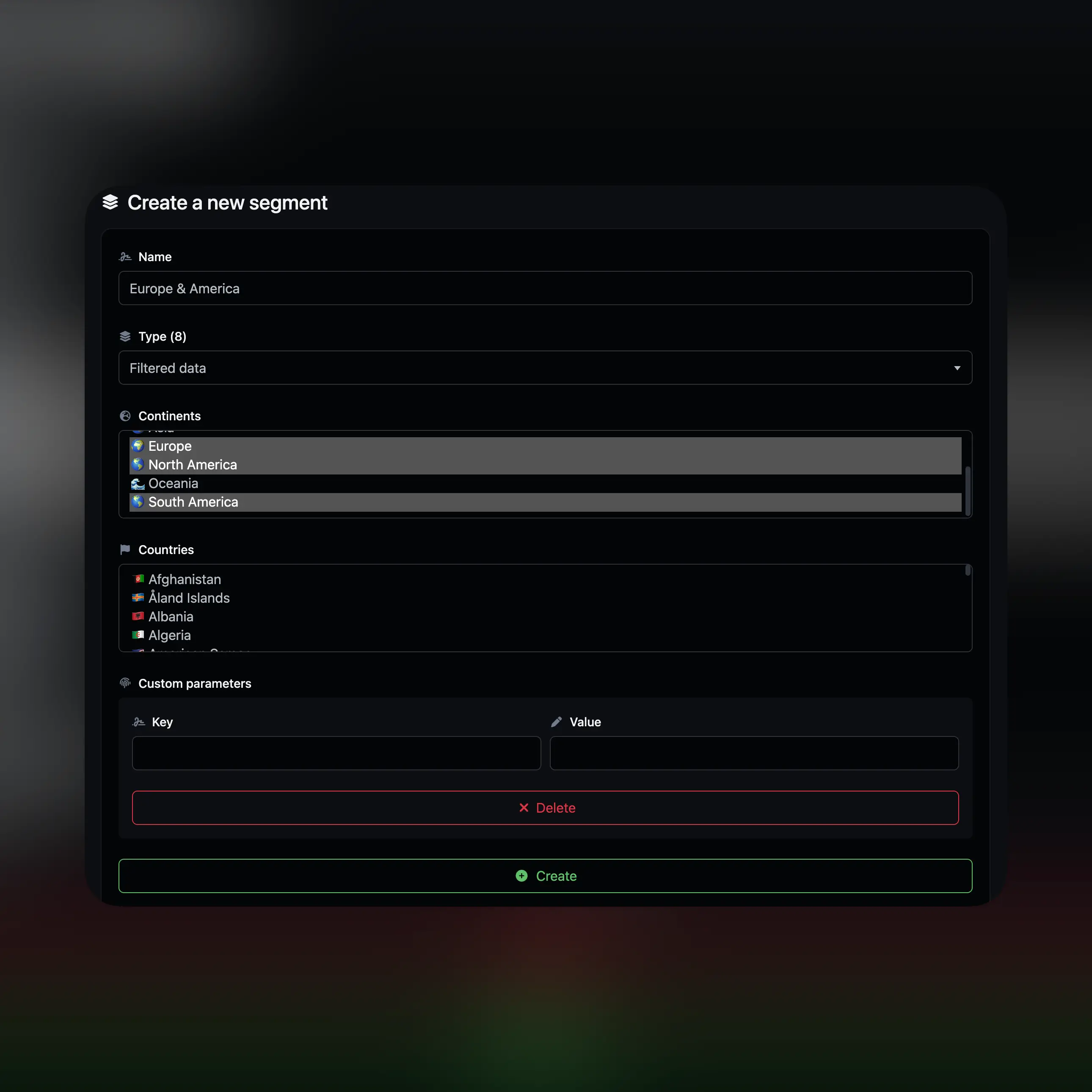 Screenshot der App-Segmente-Verwaltungs- und Bearbeitungsseite